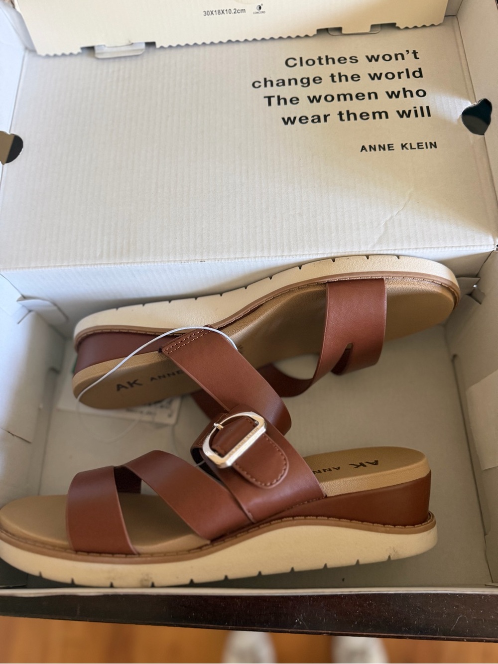 Anne Klein Brown Leather Strappy Wedge Sandals